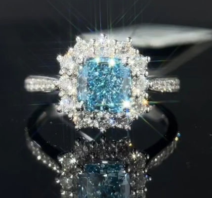 Anillos de diamante cultivados en laboratorio azul de 1.29ct anillo de regalo de diamante sintético de corte de cojín para mujeres